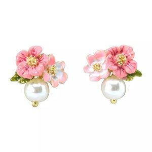 New Pink Flowers Enamel 18k Gold Plated Pearl Earrings